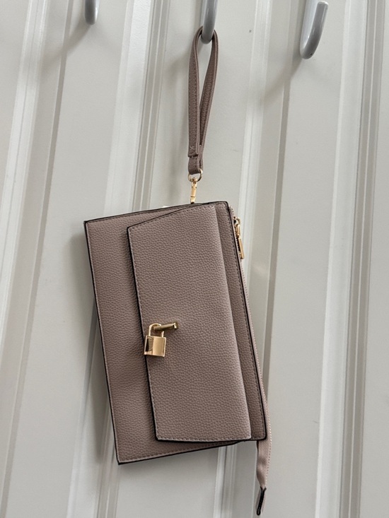 Isabelle Handbags - Taupe Pebbled Wristlet Clutch with Gold Lock Accent